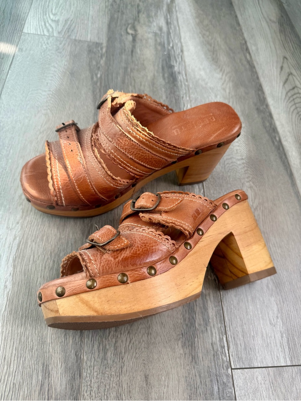Bedstu Brown Leather Studded Wooden-Heel Clog Sandals - Women